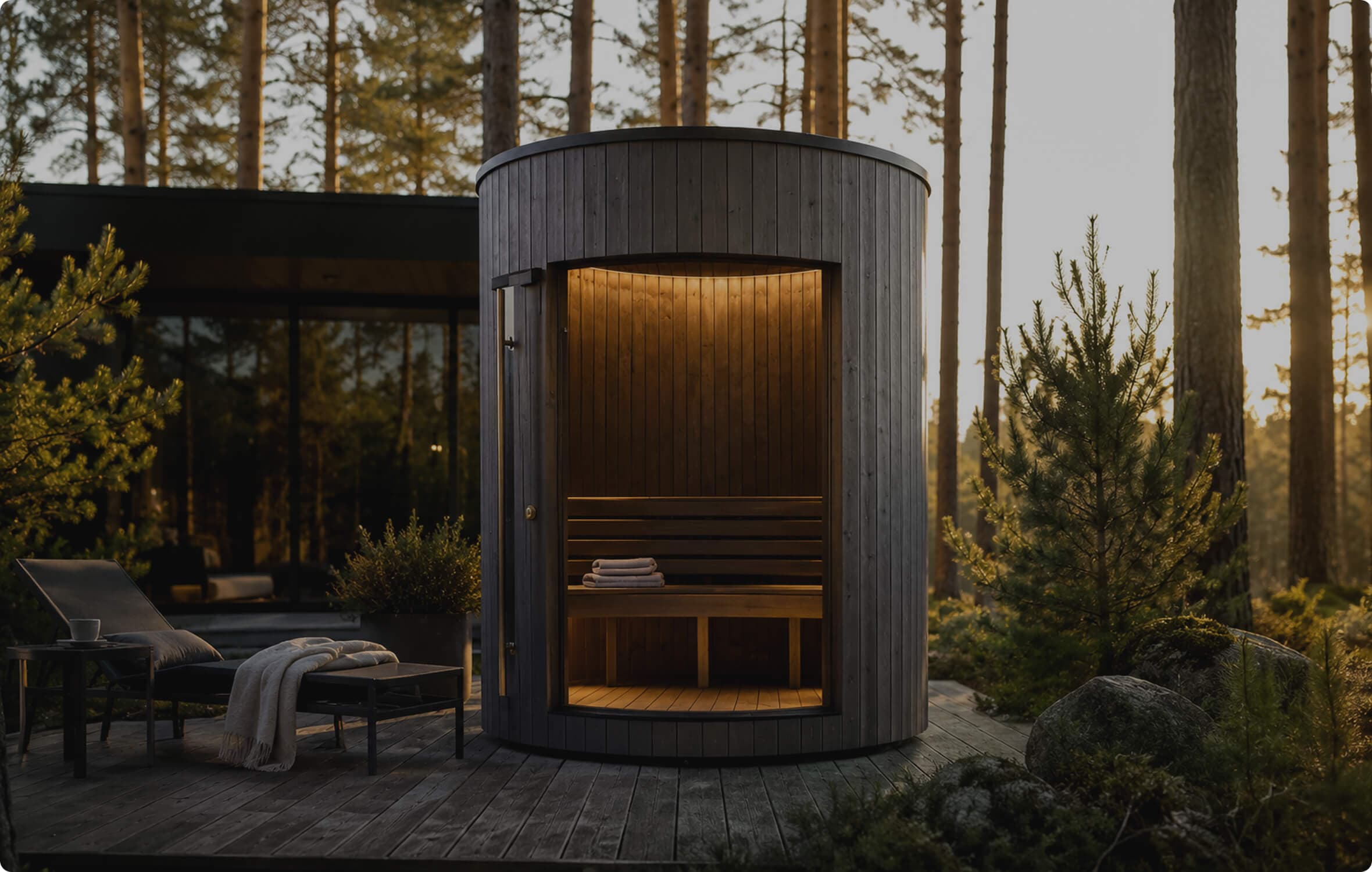 Tall cylindrical outdoor sauna with curved cladding and panoramic glazing