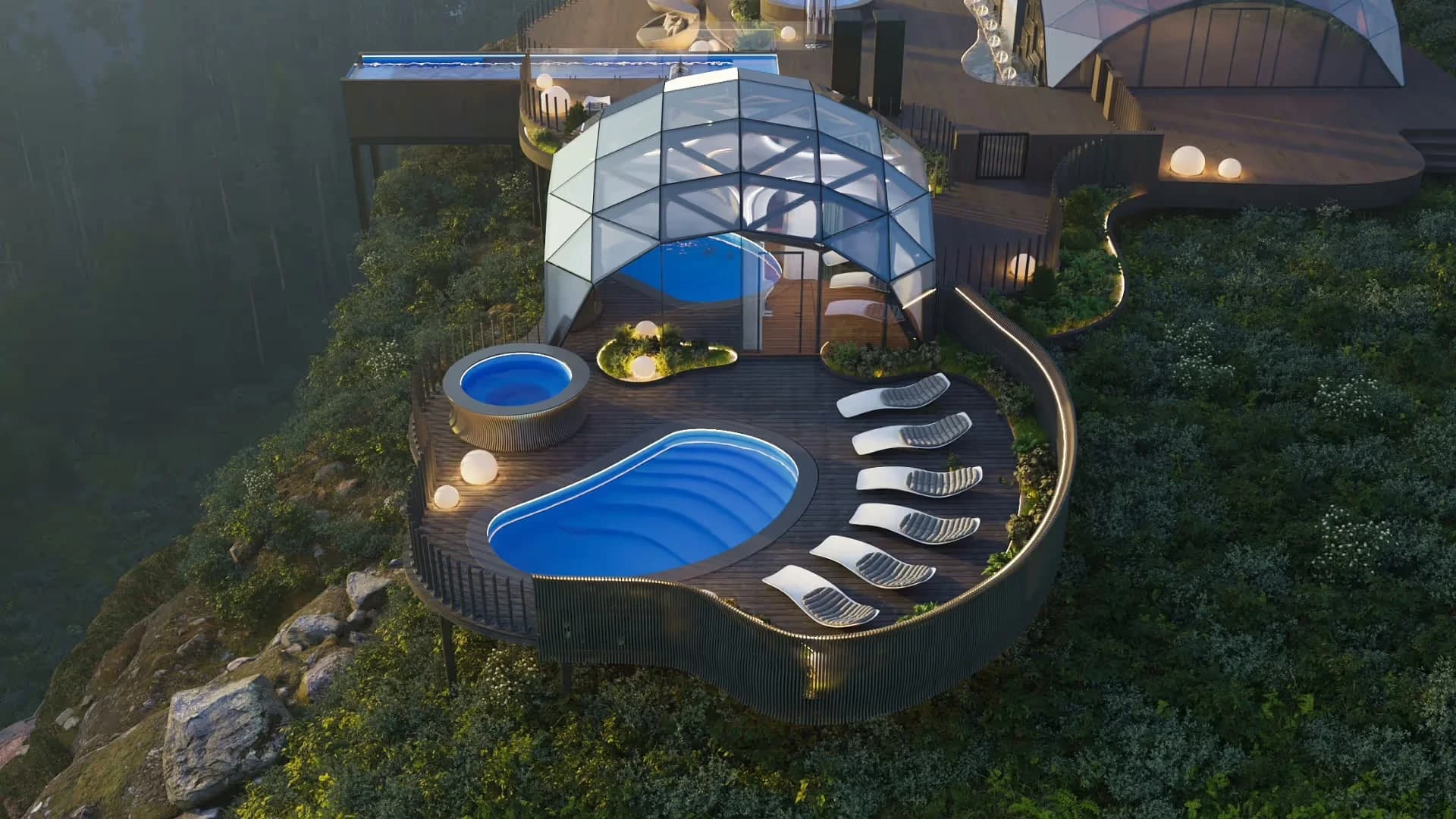 Mirrored glass dome sauna and spa terrace overlooking a natural landscape