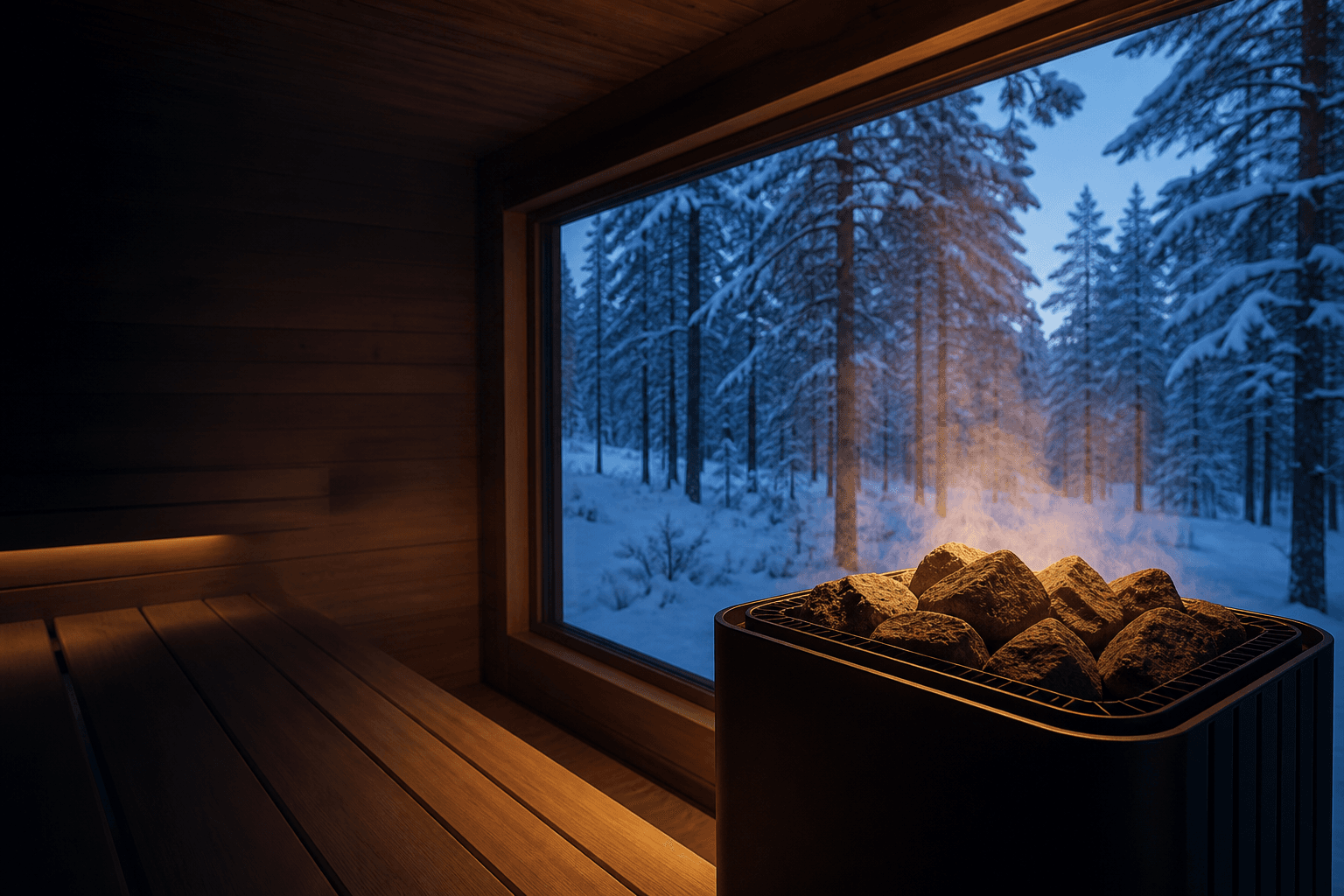 Black sauna heater with steaming stones beside a panoramic window overlooking a snowy northern forest
